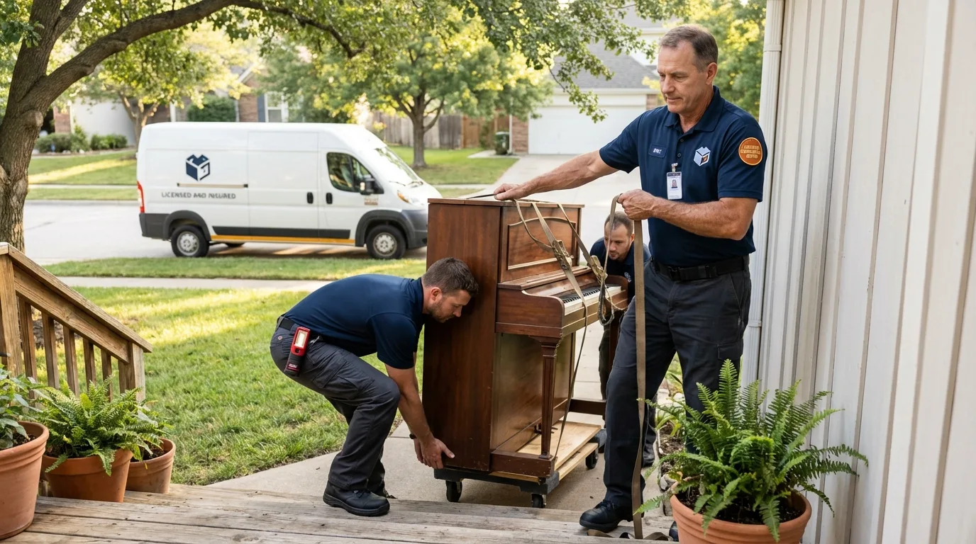 Licensed piano movers securing grand piano in McMinnville, TN