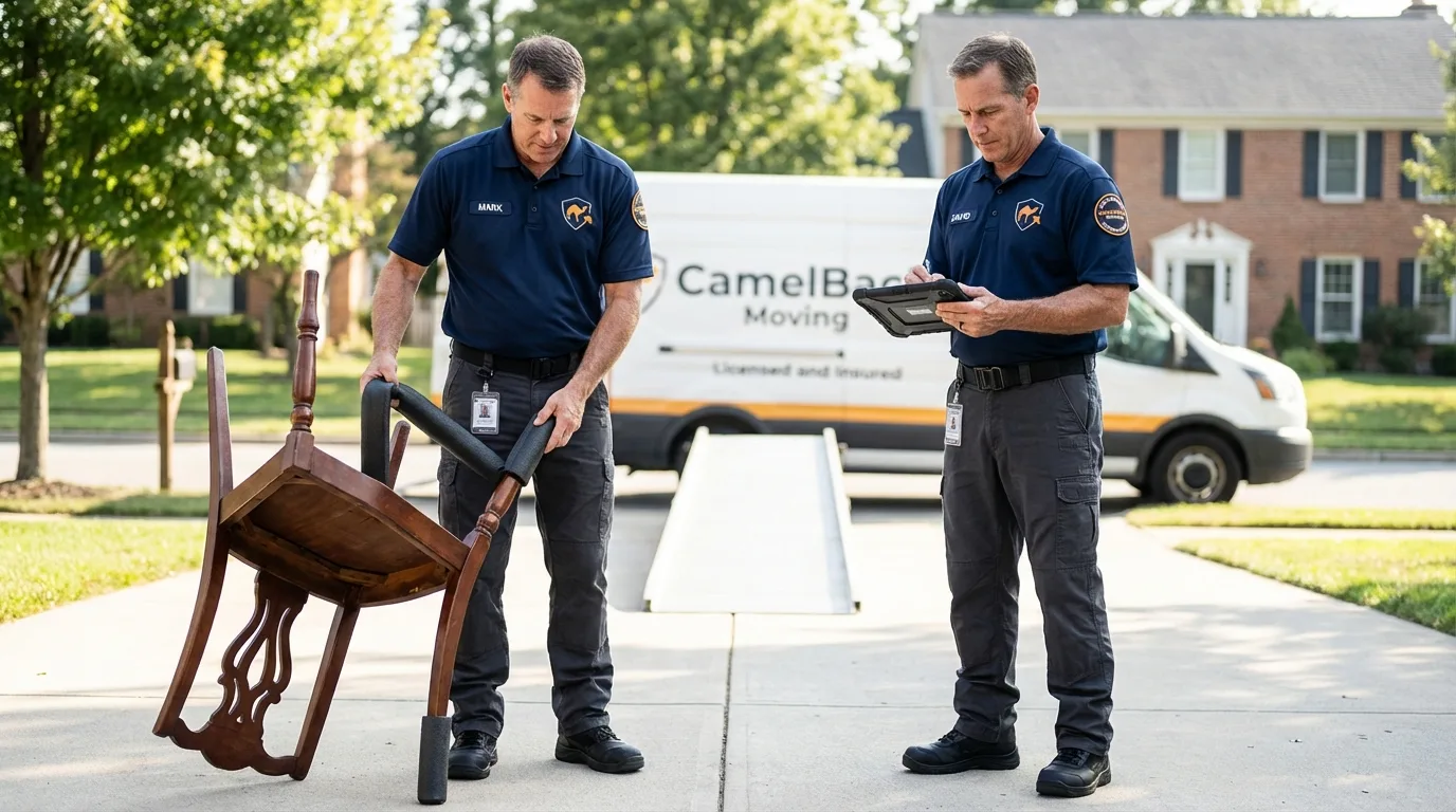 Movers inspecting furniture for damage prevention before loading in McMinnville, TN