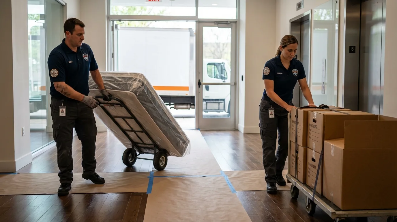 Professional apartment movers loading elevator in McMinnville, TN