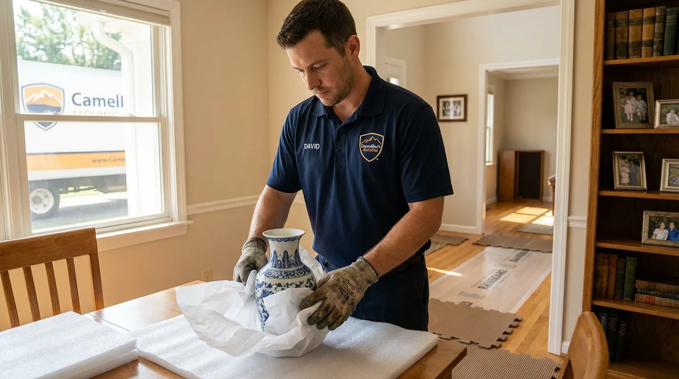 Professional crew carefully wrapping antique vase for senior downsizing move in McMinnville, TN