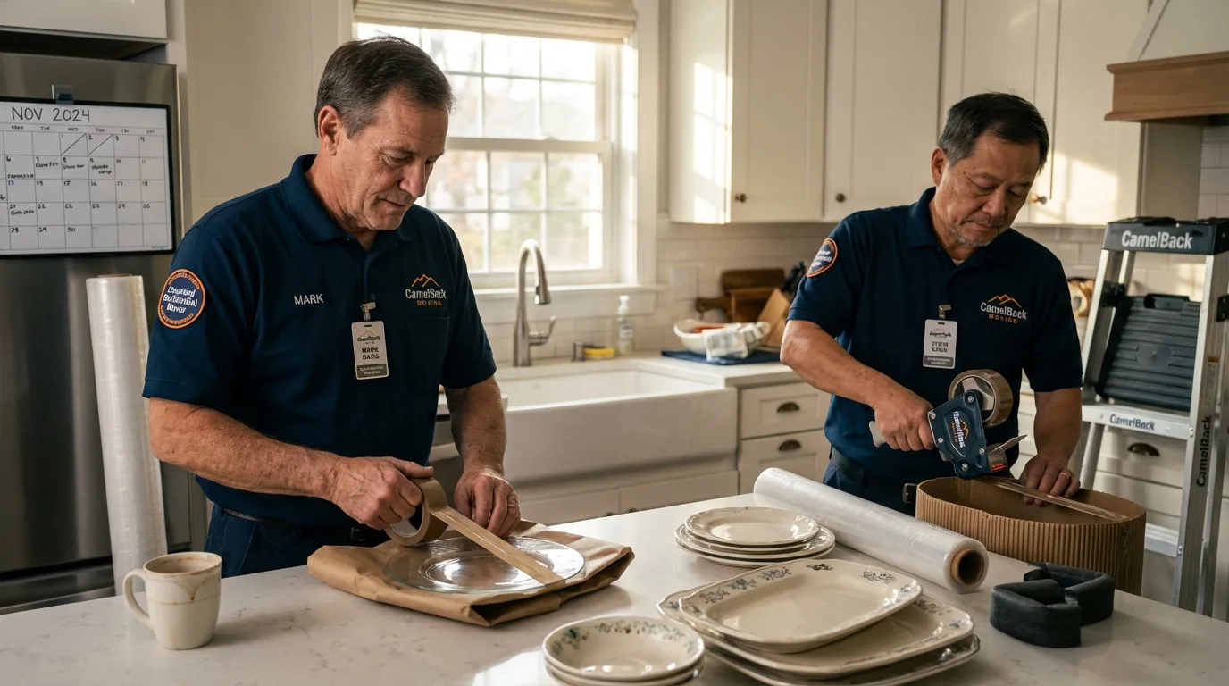 Professional crew packing kitchen dishware in McMinnville, TN